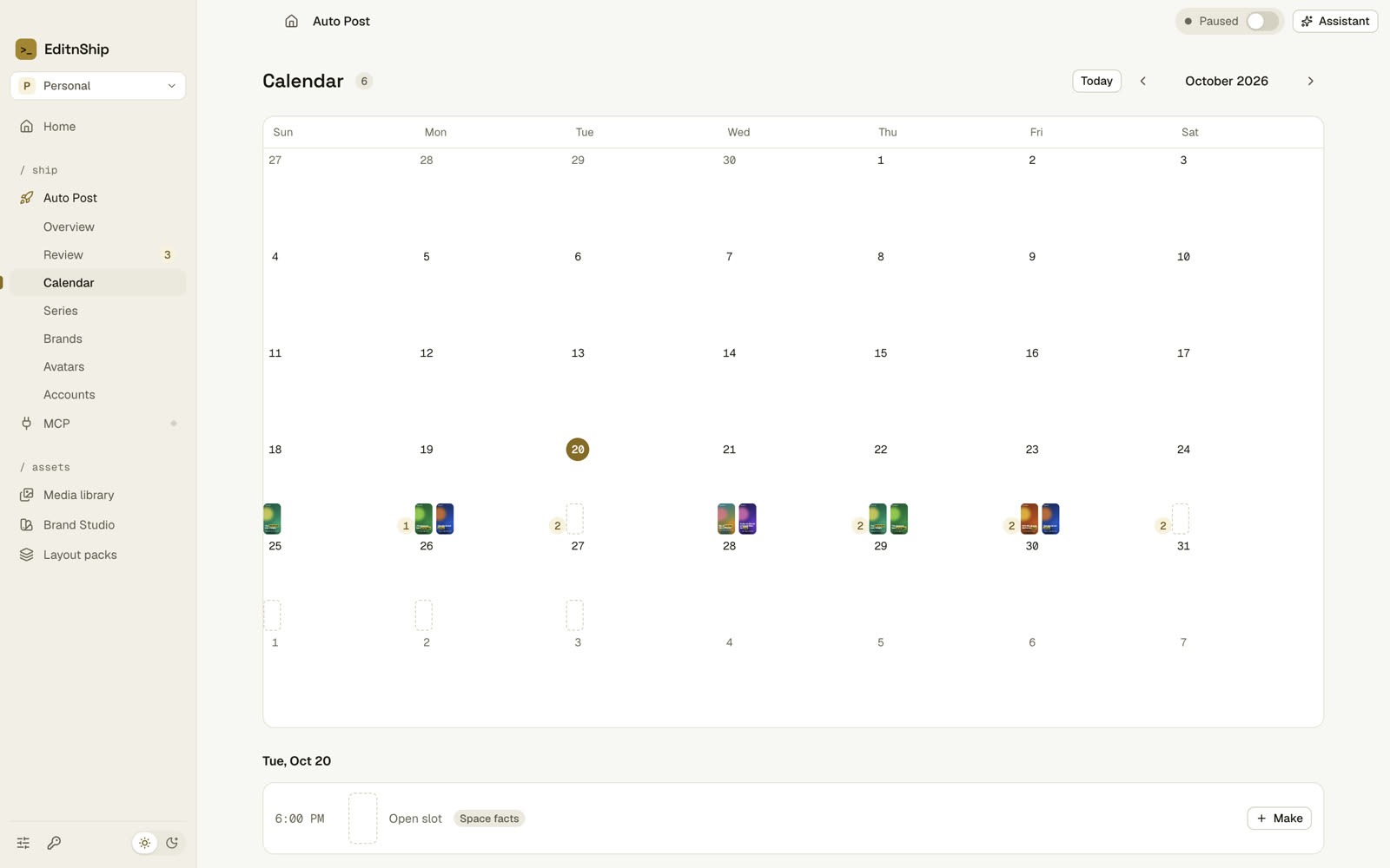 The posting calendar for the month